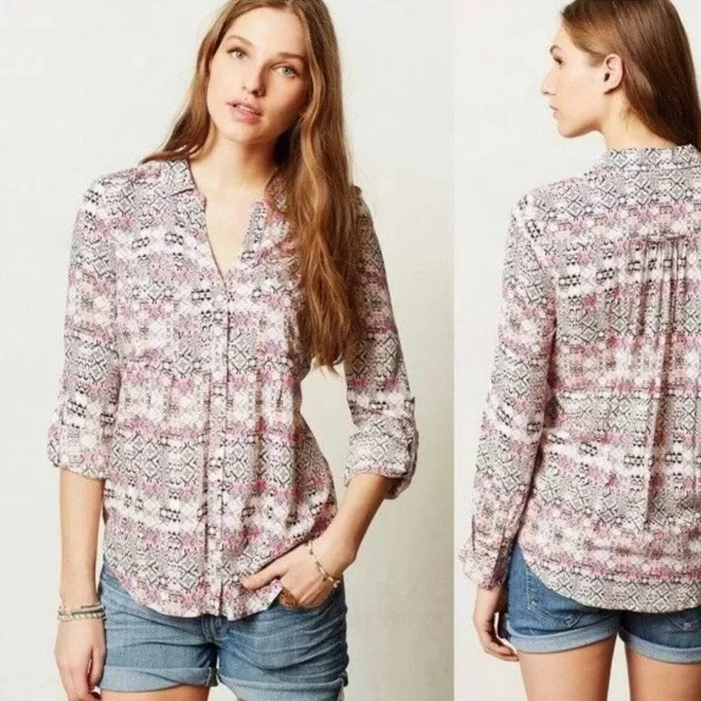 Maeve by Anthropologie Women's Islet Geometric Print Button Down Blouse Medium